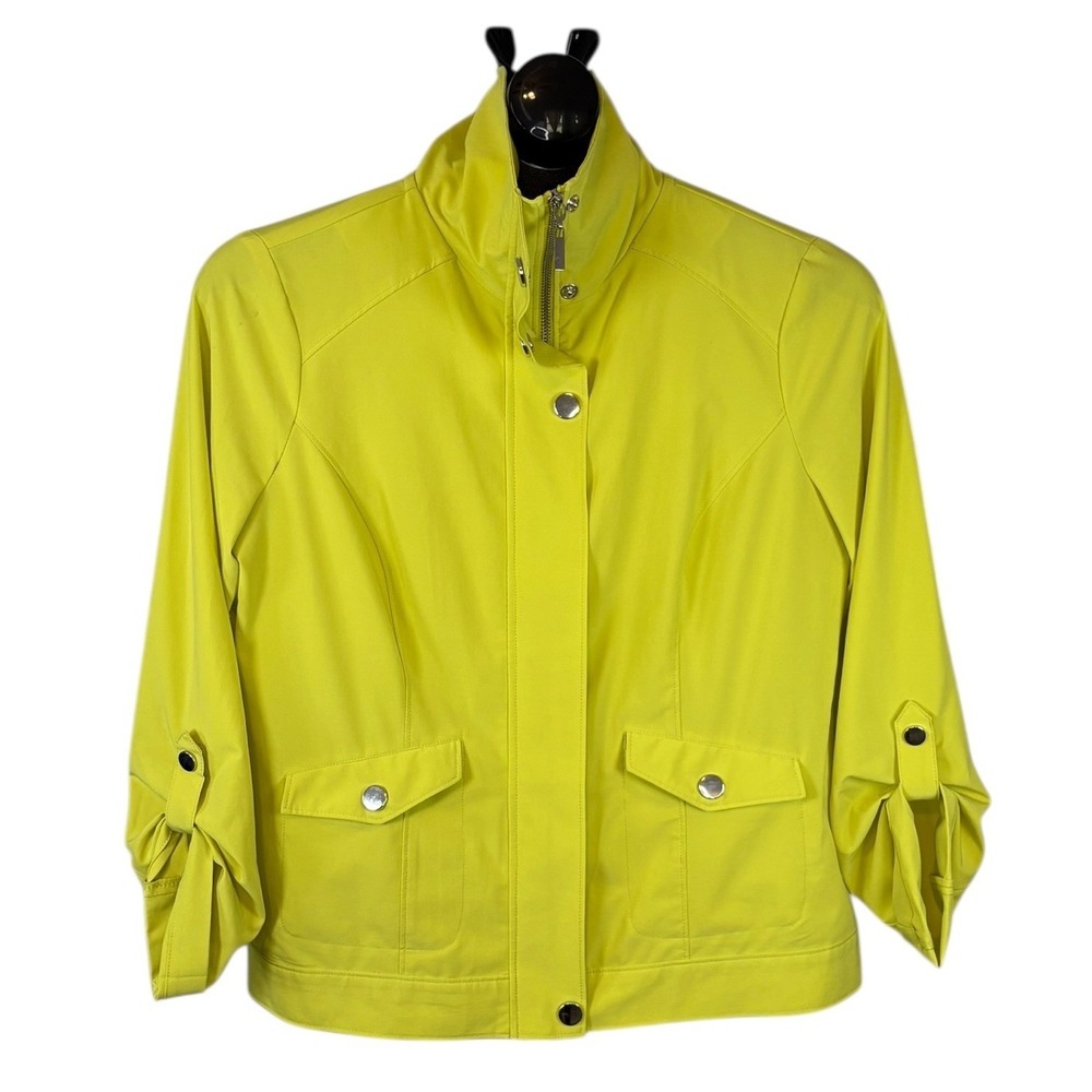 Laura Ashley Womens Lime Green Utility Jacket 3/4 Sleeve Zip Front Petite Small